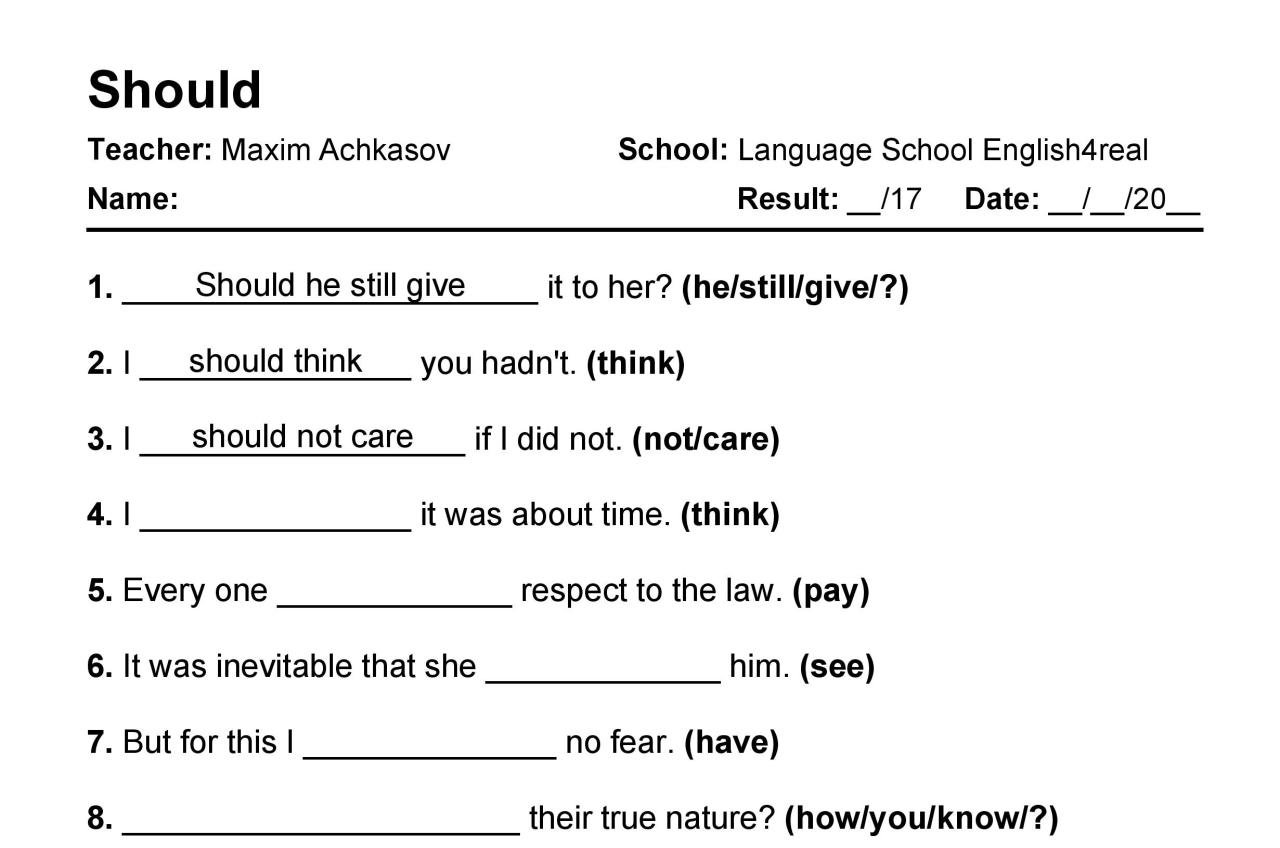 Should | English grammar fill in the blanks exercises with answers in PDF